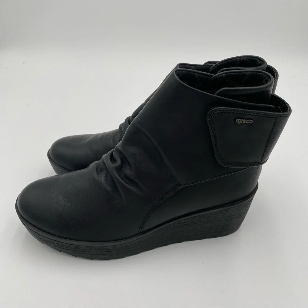 IGI&CO Women's Leather Wedge Heeled Ankle Booties Boots Shoes Black 6.5 (NWOT)